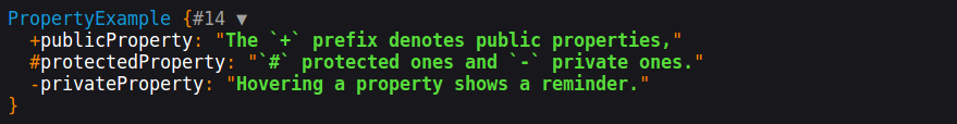 Dump output showing the PropertyExample object and all three properties with their values.