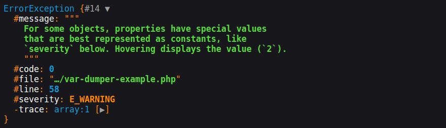 Dump output with the "E_WARNING" constant shown as value of "severity".